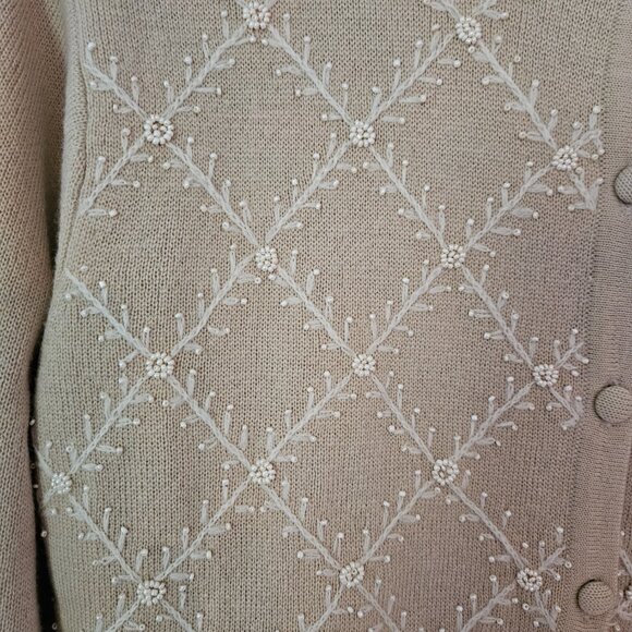 Vintage Talbots Button Front Cardigan 100% Wool Faux Pearl Embellishments Size L - Picture 2 of 8